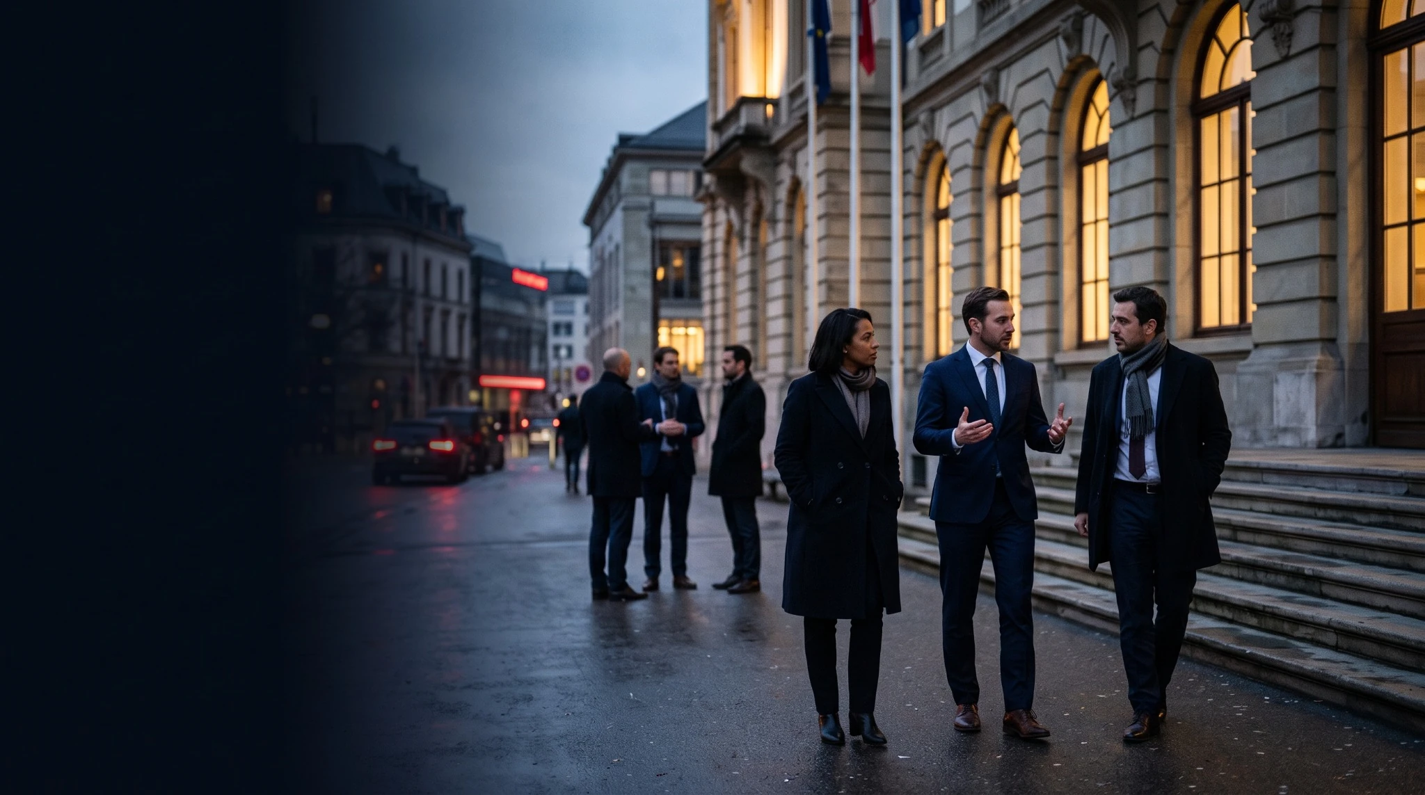 AI-generated illustration of political professionals in conversation outside a European institutional building
