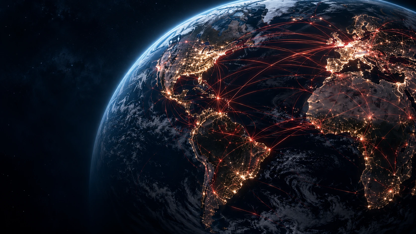 Illustrated Earth at night with symbolic international connections