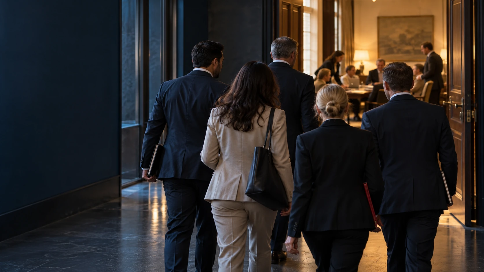 AI-generated illustration of professionals entering a welcoming working meeting