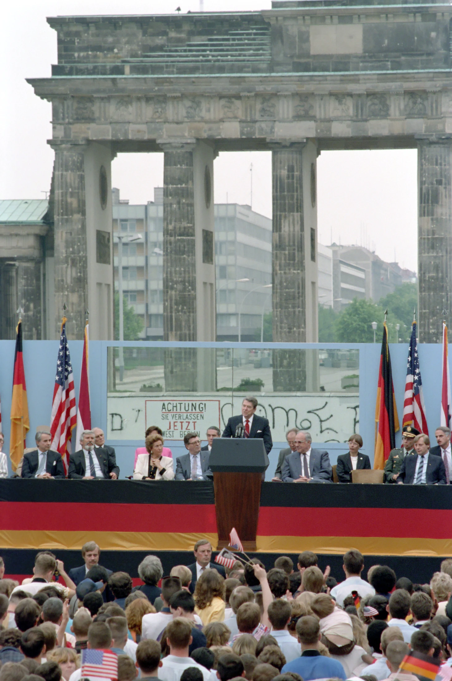 Ronald Reagan delivering his Berlin Wall speech at the Brandenburg Gate, June 12, 1987