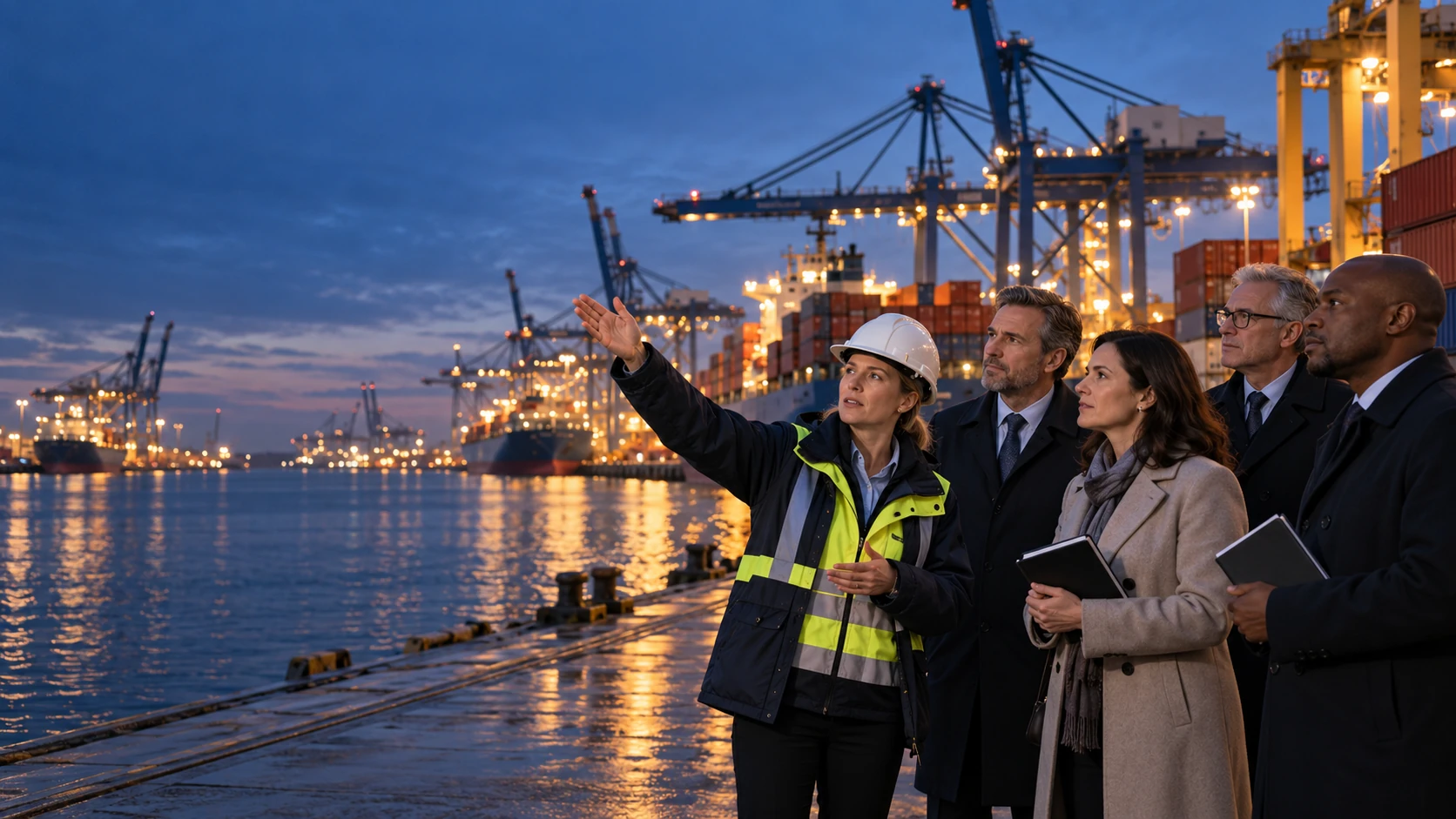 AI-generated illustration of a public official delegation learning about port operations