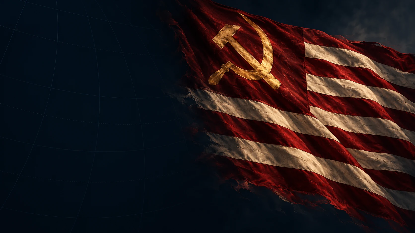 Symbolic illustration of American flag stripes with a Soviet hammer and sickle emblem